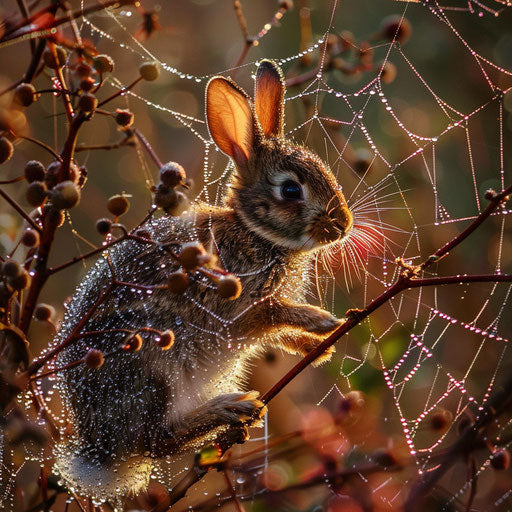 A rabbit navigating a dew-covered web of spider silk at dawn