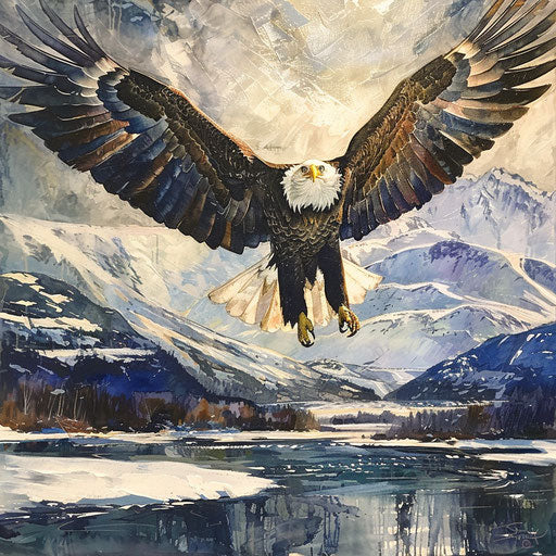 American eagle flying in front of Alaska's snowy mountains