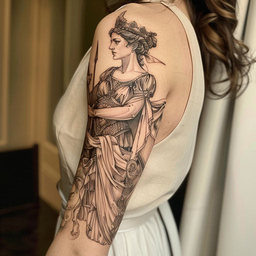 Renaissance-inspired tattoo of Athena, with elaborate clothing and soft shading in earth tones on a white canvas.