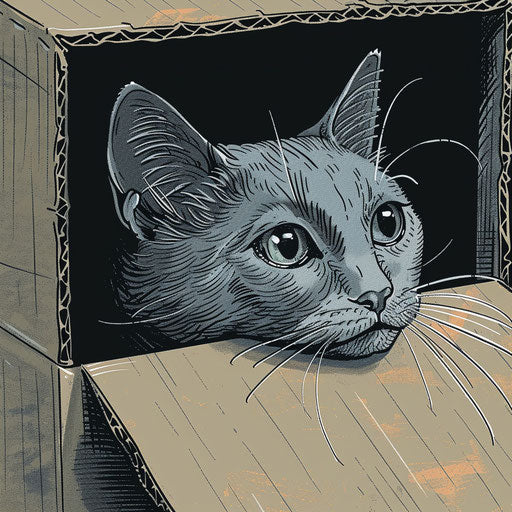 Cat in cardboard box looking out, playfully surreal style
