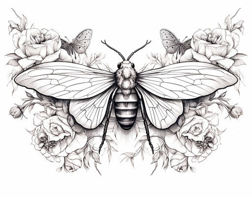 Black and white drawing of spider with moth on roses, vintage illustration, nature-based patterns