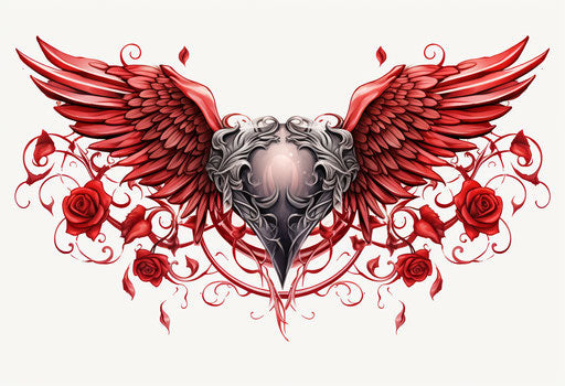 Heart wing tattoo with rose, detailed style, engraved ornament