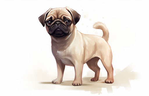 Small pug against white background, beige and maroon style, heavy shading