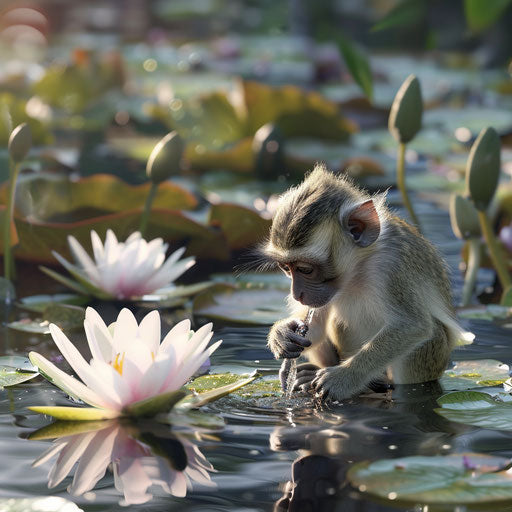 Monkey sipping water from lily-covered pond