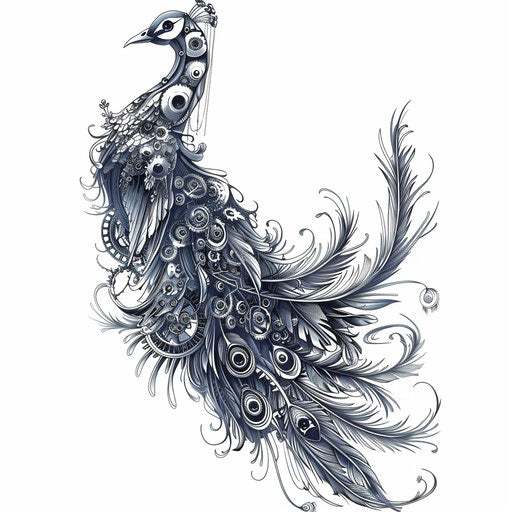 Elegant mechanical peacock tattoo with metallic feathers and cogwheel tail on white background