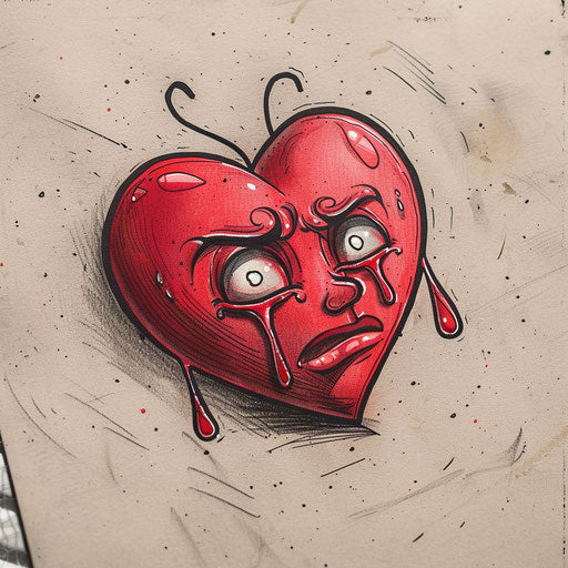 Whimsical flat tattoo sketch of a cartoonish crying heart with oversized teardrops