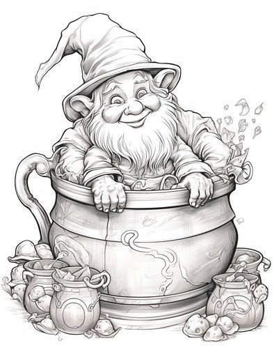 Leprechaun pot of gold coloring page, captivating light gold and aquamarine style