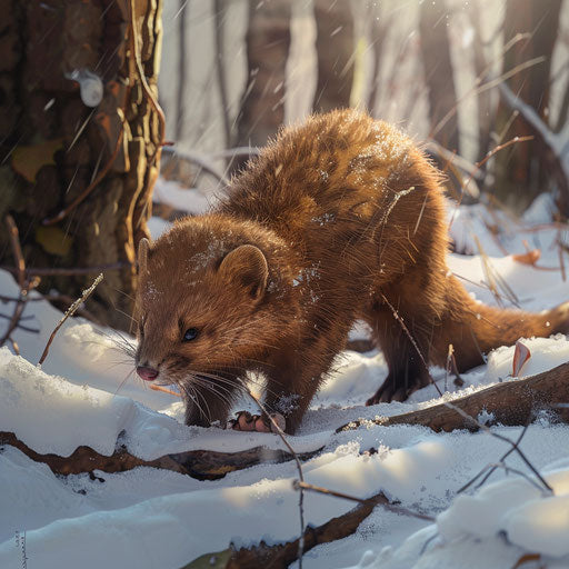 Mink exploring snow-covered forest floor
