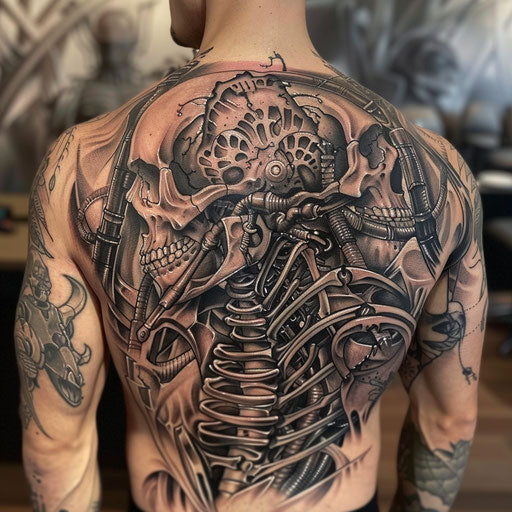Biomechanical tattoo of dark fantasy in the style of David Palumbo