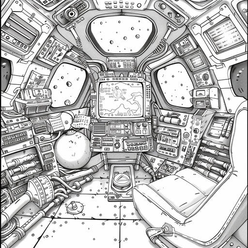 Whimsical scene of a computer in the spaceship cockpit