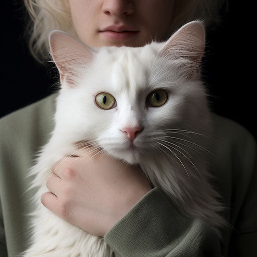 White cat held by owner