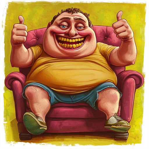 Humorous caricature of an obesity clipart image with human characteristics, exaggerated googly eyes, hands fingers, sitting on a couch, vibrant colors, cartoon style, thumbs up, high resolution, no background, isolated