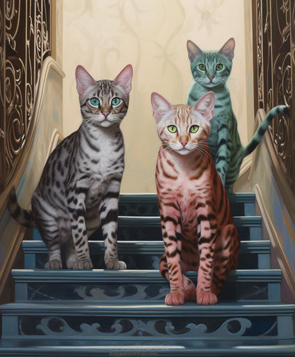Three Bengal cats climbing stairs, marbleized and polka dots