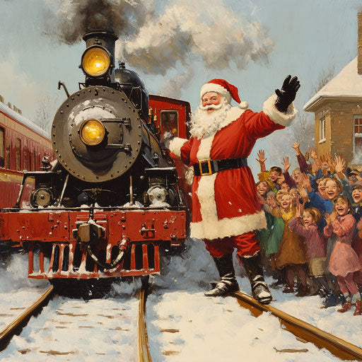 Santa Claus stepping off a classic steam train, greeted by a crowd of joyful children waving and cheering.