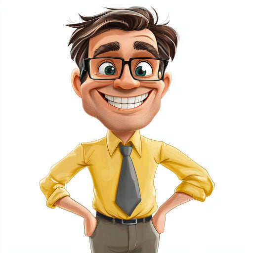Humorous caricature of a male teacher with exaggerated dimpled chin