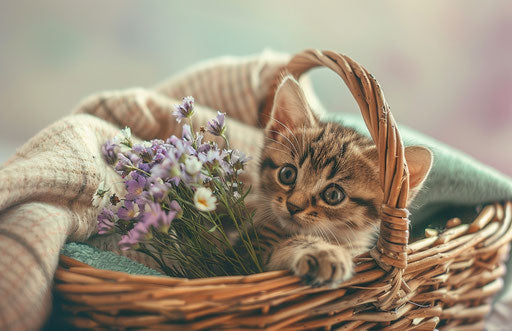 Kitten in basket with flower