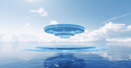 Blue object in the middle of the sky, in the style of Kushan empire, translucent water 128:67