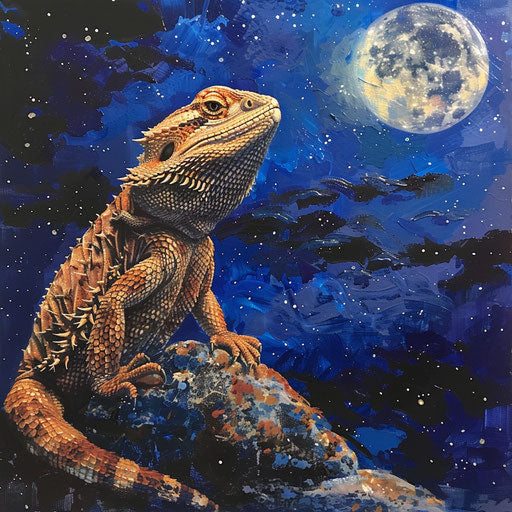 Bearded dragon under starry night sky, moonlight glow