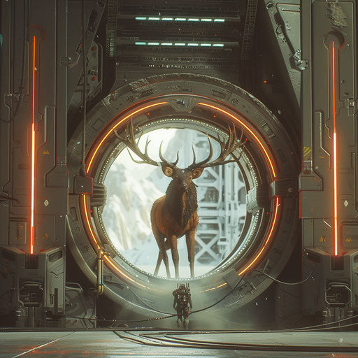 A giant elk emerging from a portal in a sci-fi scene