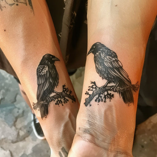 Matching sister tattoos of gothic ravens, in the style of Gerald Brom, wrist