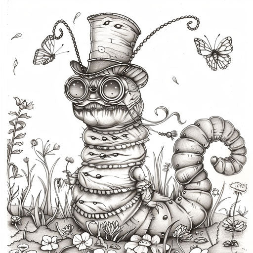 Whimsical caterpillar with top hat and monocle