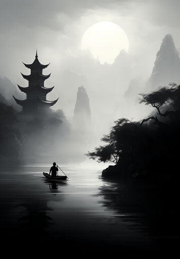 Pagodas and River Scenery Paintings, Black and White Realism Style, Anime Aesthetic, Strong Use of Negative Space