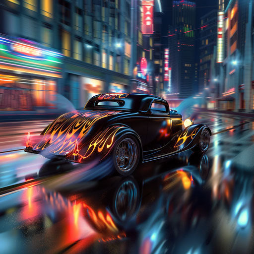 Flaming hotrod on deserted urban street at night