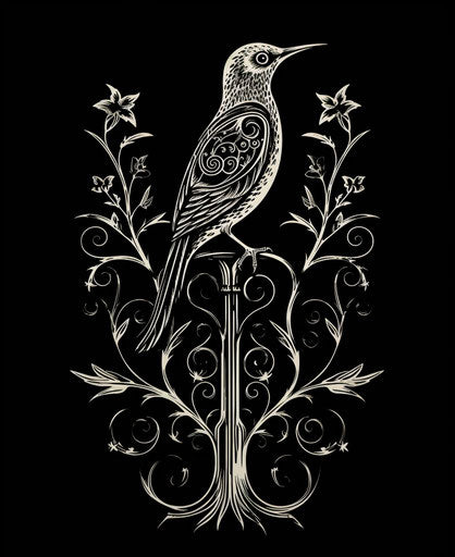 Black and white bird tattoo with vine style distortion