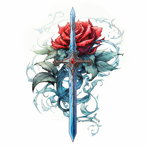 Rose with a sword, cartoon style, sharp & vivid colors