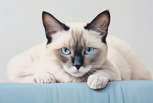 Siamese cat lying down in light beige and white style