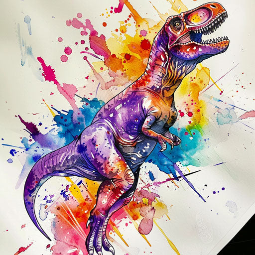 Vibrant watercolor dinosaur tattoo design on white canvas