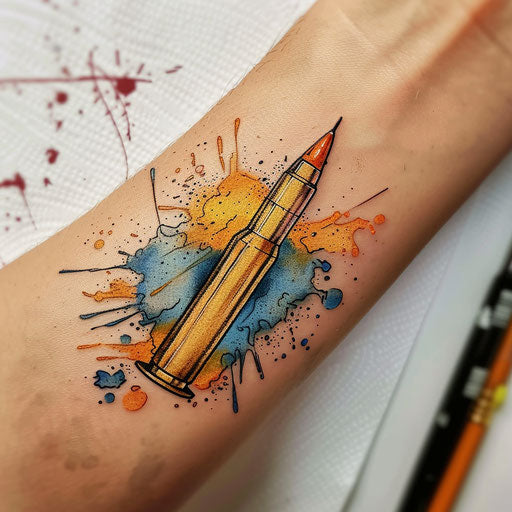 Artistic flat tattoo sketch of bullet in watercolor splashes