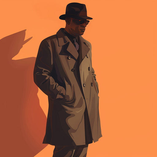 Realistic detective clipart on a flat, sunset orange background