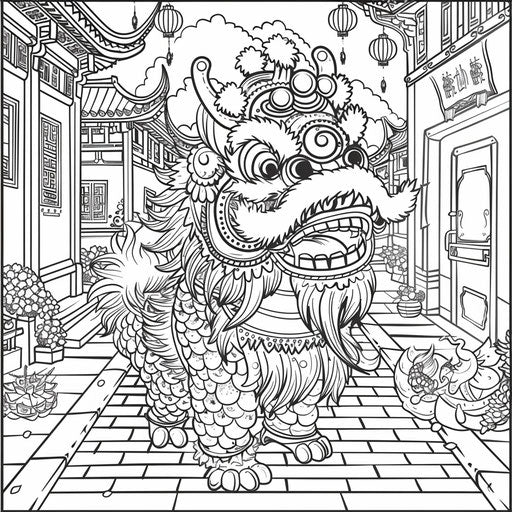 Festive Chinese New Year dragon dancing in the streets. Coloring book page