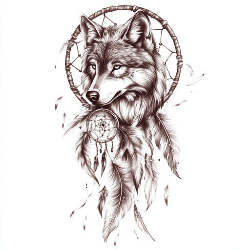 Wolf hand tattoo sketch with dreamcatcher and feathers