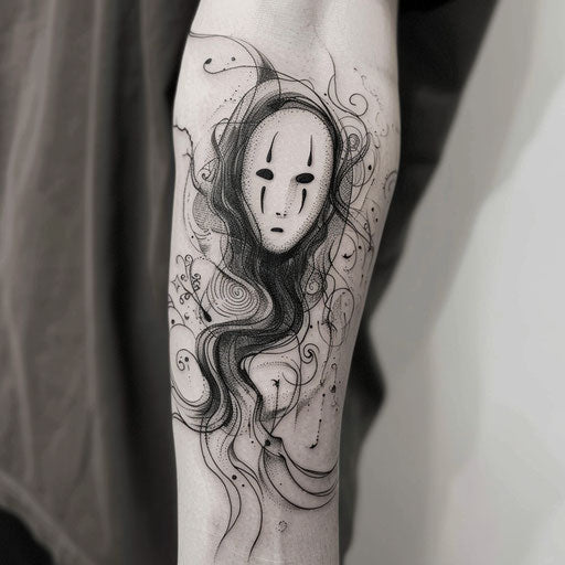 Dynamic flat tattoo sketch of No-Face with abstract, swirling ink clouds