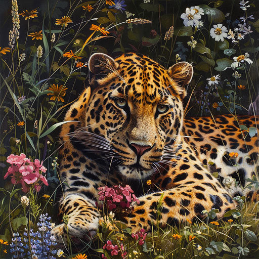 Serene Amur leopard in a field of wildflowers
