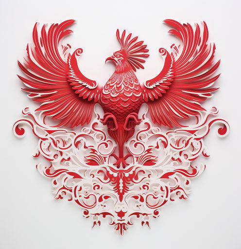A red Chinese phoenix with bird-like wings, in the style of intricate cut-outs