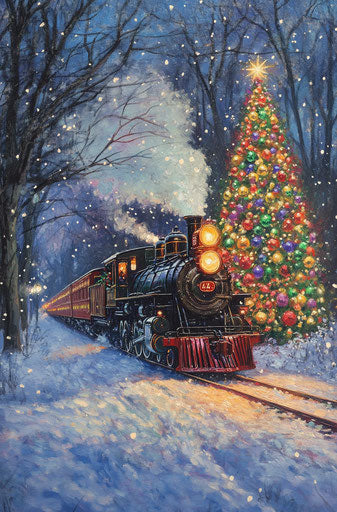 Vintage train in snow illuminating colorful decorations