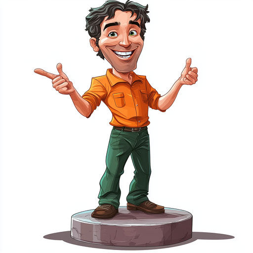 Humorous caricature of a work caricature clipart with human characteristics, exaggerated prominent chin, big hands, standing on a pedestal, vibrant colors, cartoon style, pointing, high-resolution, no background, isolated
