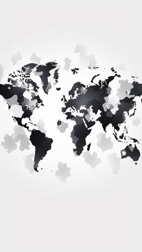 Black and white world map on white background, maya lin style, logo, rosa bonheur, stencil-based, light orange and black 21:37