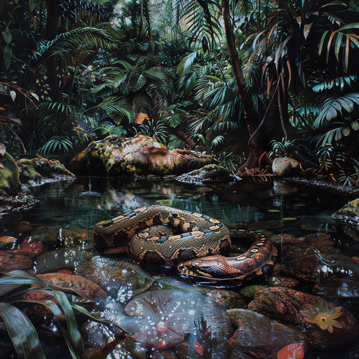 Python serpent in a tranquil forest pool