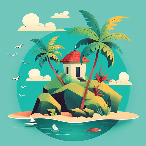 Realistic illustration of an island on flat turquoise backdrop