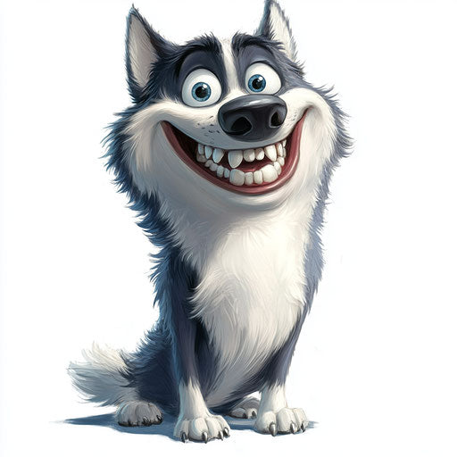 Humorous caricature of a husky with human characteristics