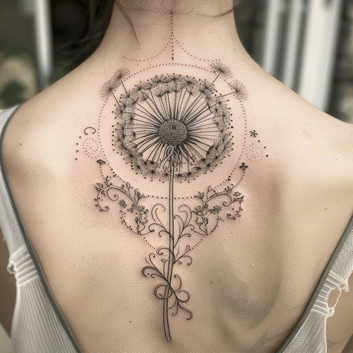 Dandelion tattoo with lace pattern on white canvas