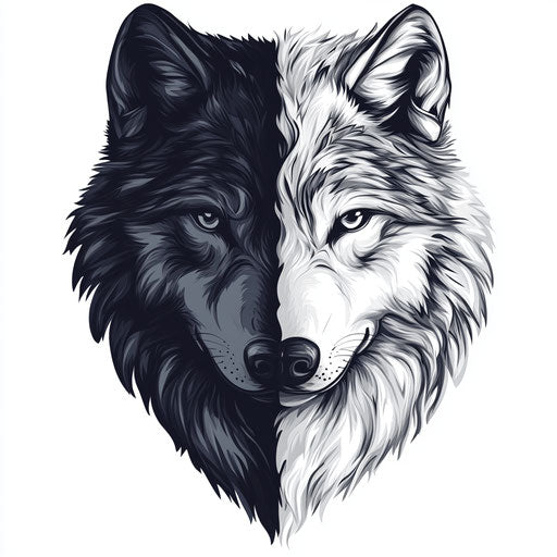 Beautiful flat tattoo sketch of split wolf's head on white