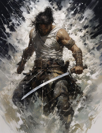 Black and white warrior, Nick Knight style, dark tones