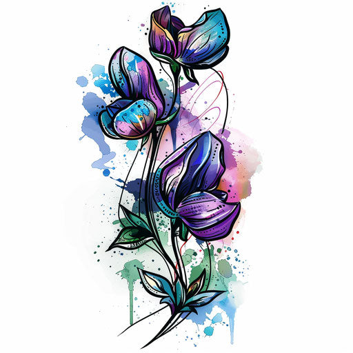 Modern tattoo sketch of sweet pea with vibrant ink splashes
