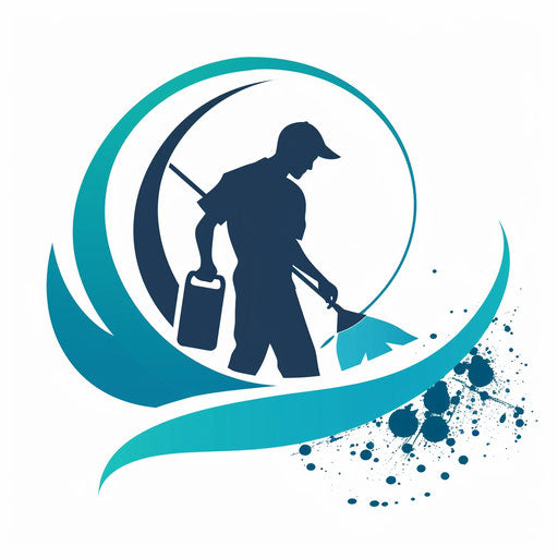 Cleaning company logo in teal and navy with a modern background