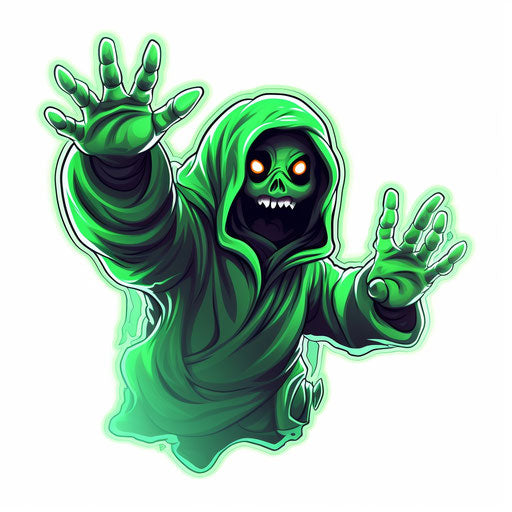 Green ghost stickers, spontaneous gestures style, cryptid academia